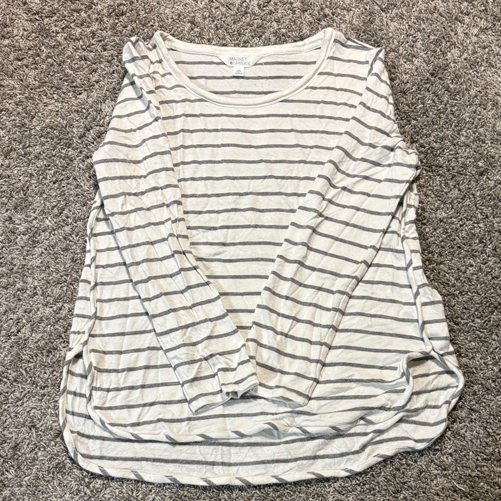 Market & Spruce White and Gray Striped Long Sleeve Tee